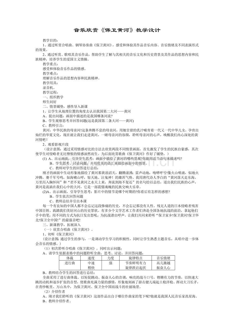 音乐欣赏保卫黄河教学设计.doc_第1页