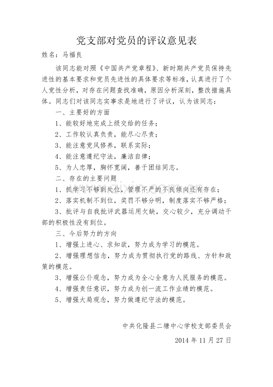 党支部对党员的评议意见表.docx_第1页