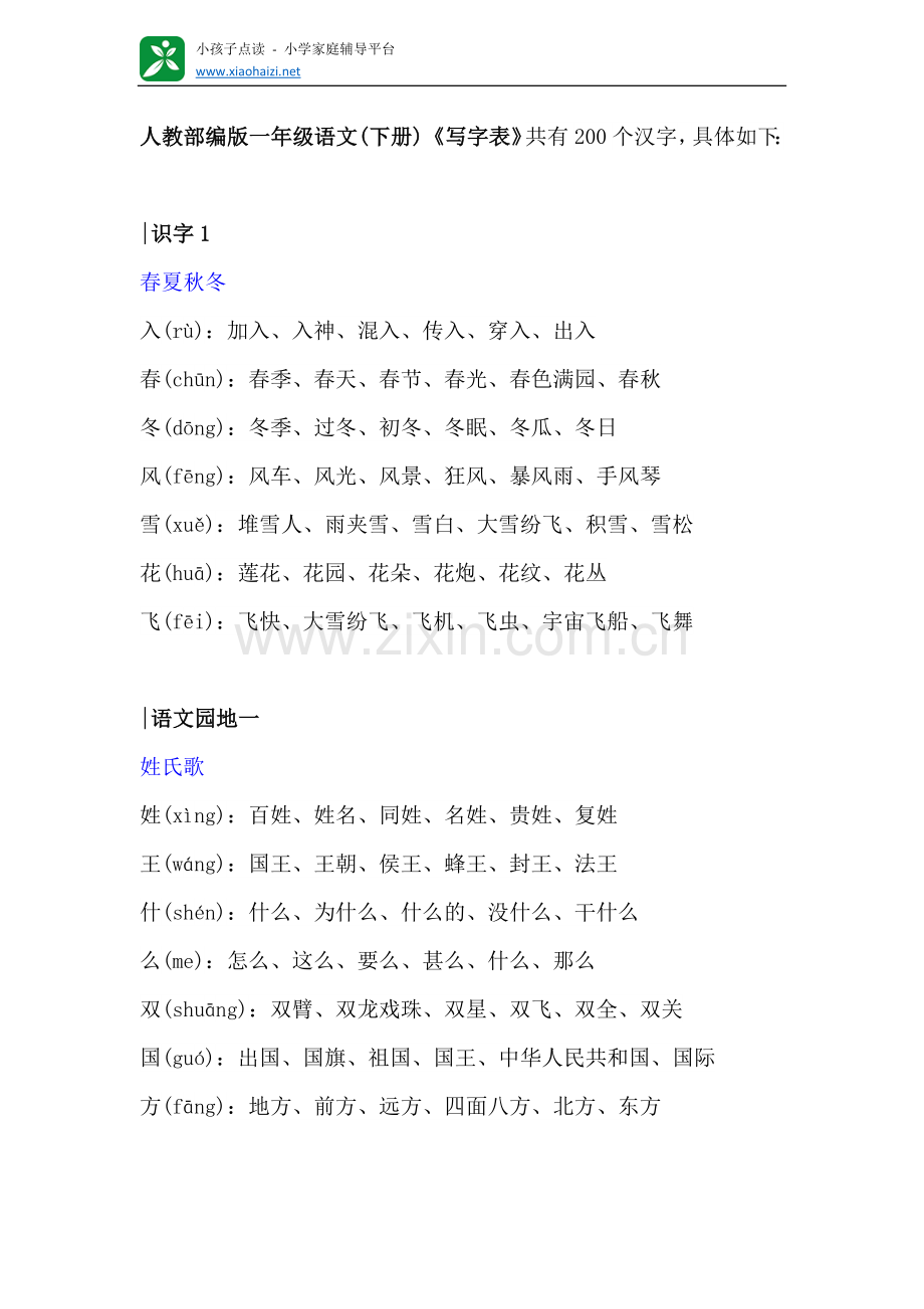 1104---人教部编版一年级语文(下册)《写字表》注音及组词.docx_第1页