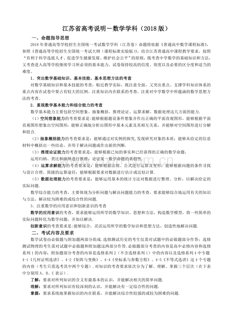 2018江苏省高考数学学科考试说明.doc_第1页