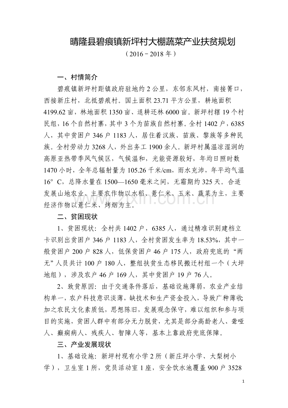 晴隆碧痕镇新坪村大棚蔬菜产业扶贫规划.doc_第1页