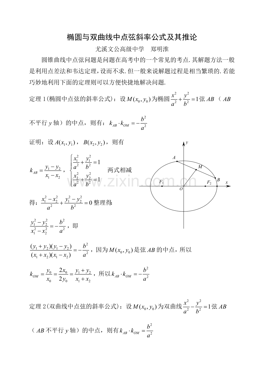 椭圆与双曲线中点弦斜率公式及推广.docx_第1页