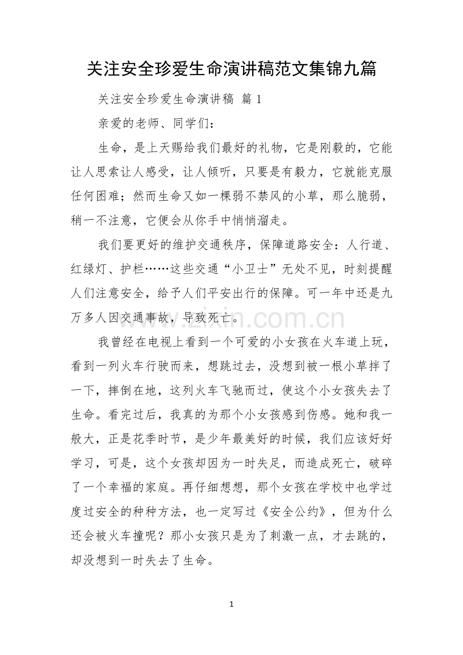 关注安全珍爱生命演讲稿范文集锦九篇.docx_第1页