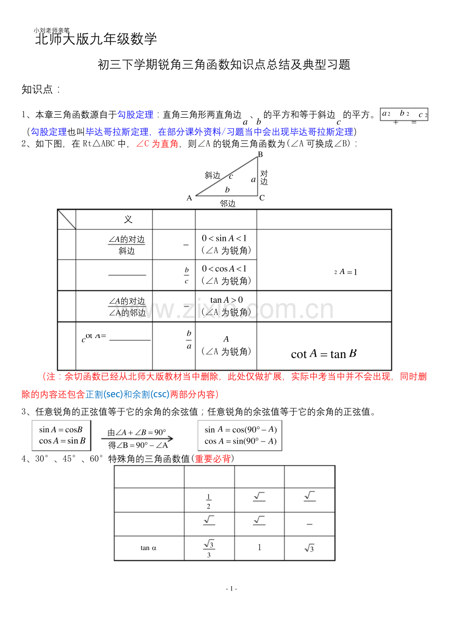 北师大版初三数学下册第一章三角函数知识点总结.docx_第1页