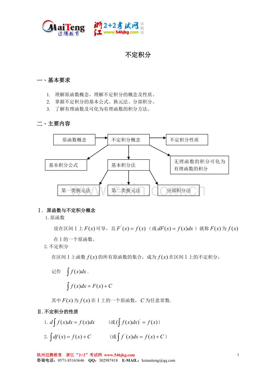 高等数学不定积分重点难点复习例题讲解-【迈腾教育】浙江2+2考试网.doc_第1页