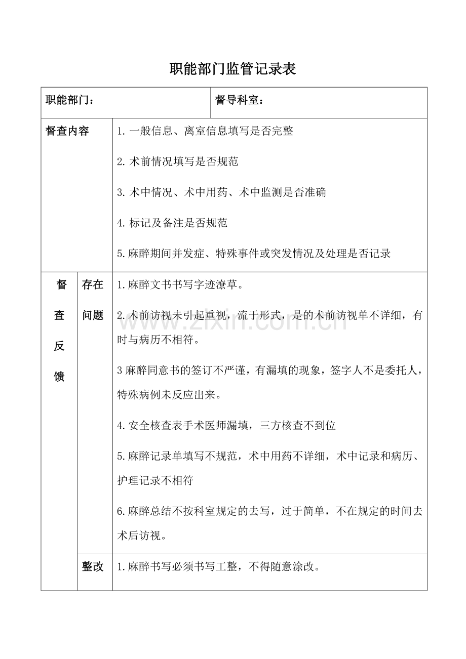2018麻醉文书规范书写督导检查记录.docx_第1页