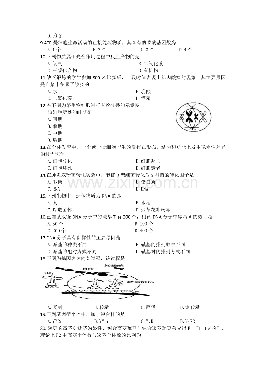 2017年12月贵州省学业水平考试生物卷.docx_第2页
