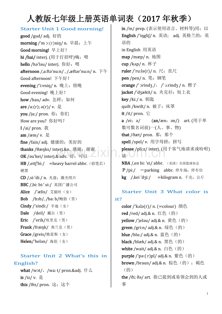 人教版七年级上册英语各单元-单词表(含音标)(全面)2017年版本.doc_第1页