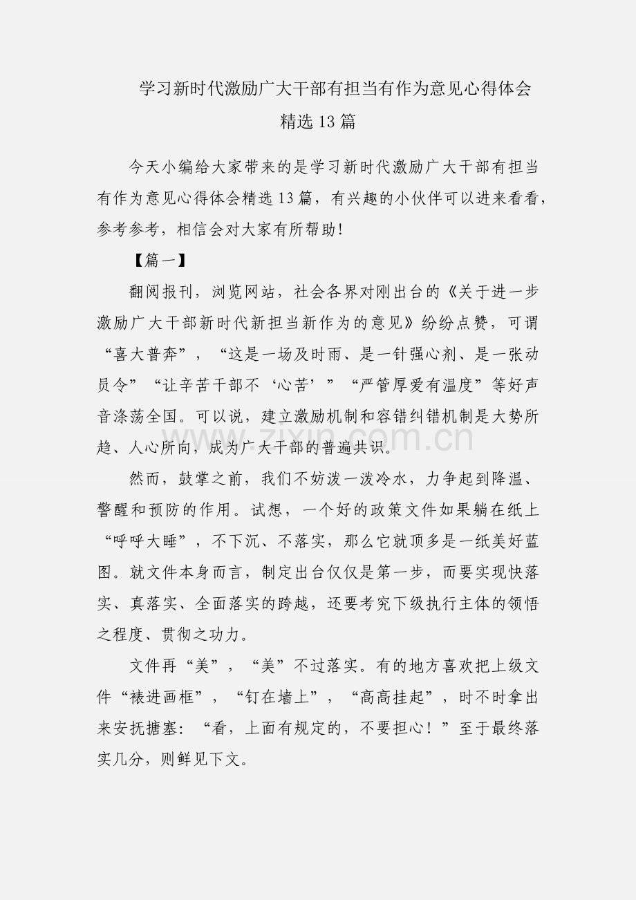 学习新时代激励广大干部有担当有作为意见心得体会13篇.docx_第1页
