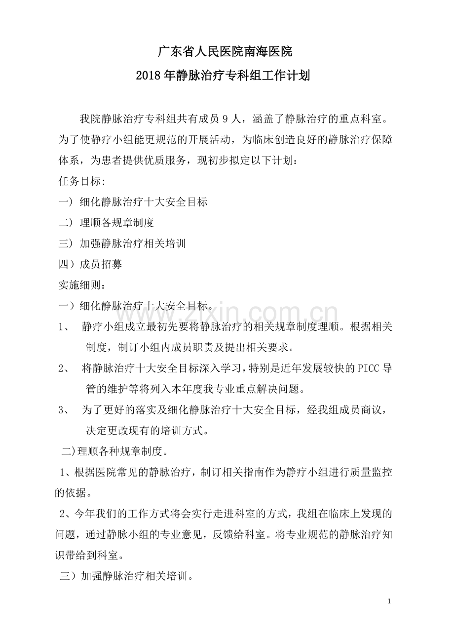 2018年静脉治疗小组工作计划.doc_第1页