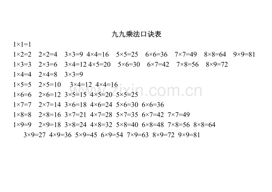 九九乘法口诀表(打印版)全.doc_第1页