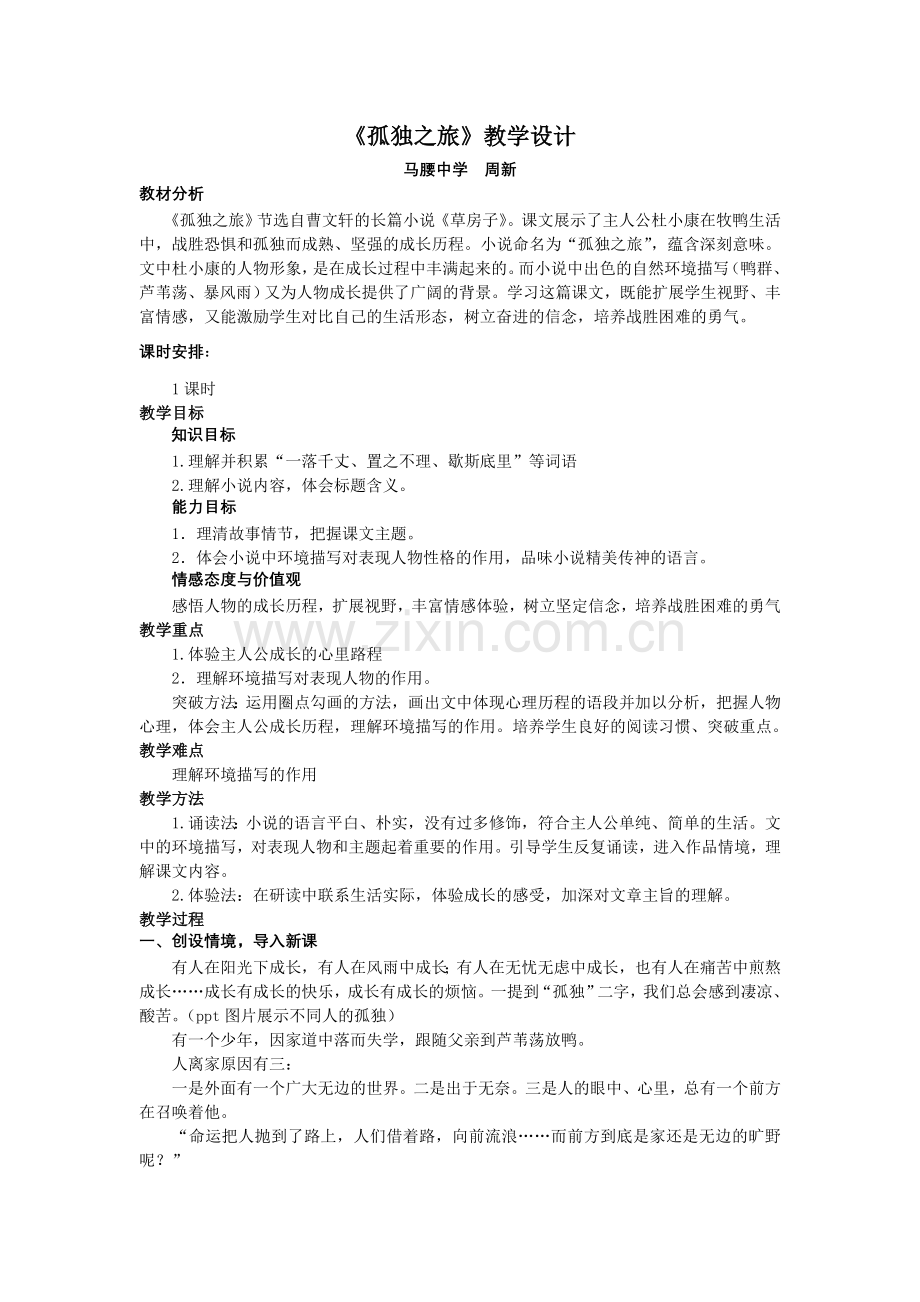 公开课获得一等奖《孤独之旅》教学设计.doc_第1页