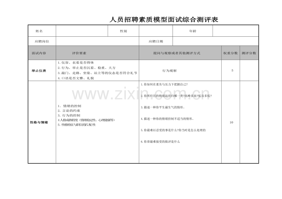 招聘面试素质模型测评表.doc_第1页