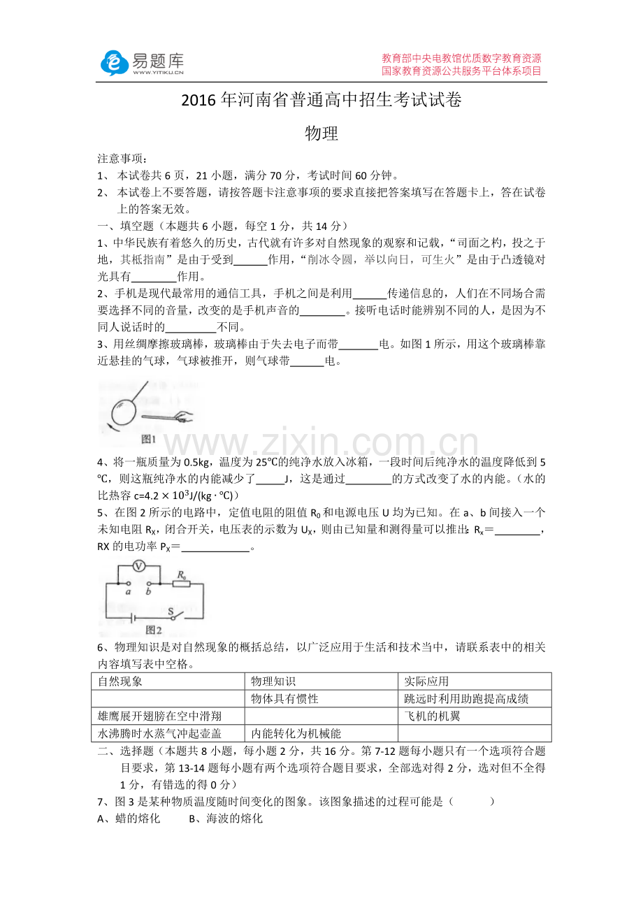 2016年河南省普通高中招生考试试卷物理试题(含答案).docx_第1页
