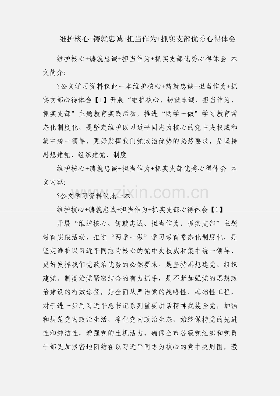 维护核心+铸就忠诚+担当作为+抓实支部优秀心得体会.docx_第1页