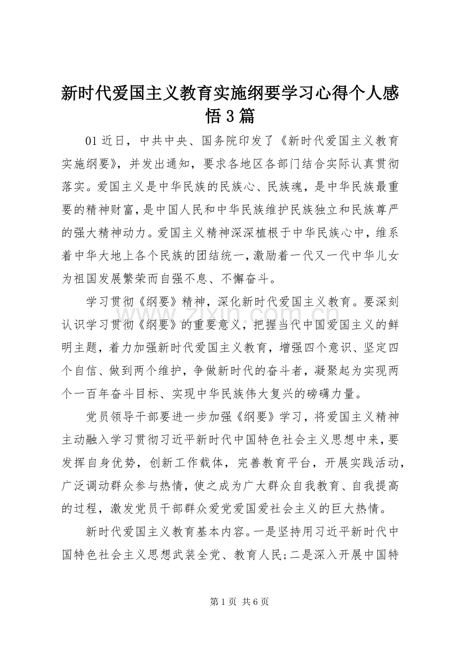 新时代爱国主义教育实施纲要学习体会个人感悟3篇.docx_第1页