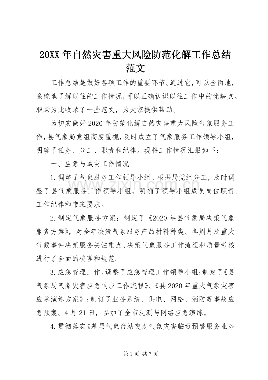 20XX年自然灾害重大风险防范化解工作总结范文.docx_第1页