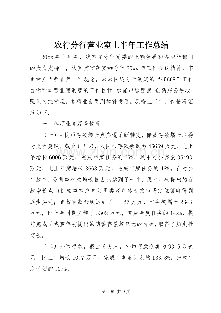 农行分行营业室上半年工作总结 .docx_第1页