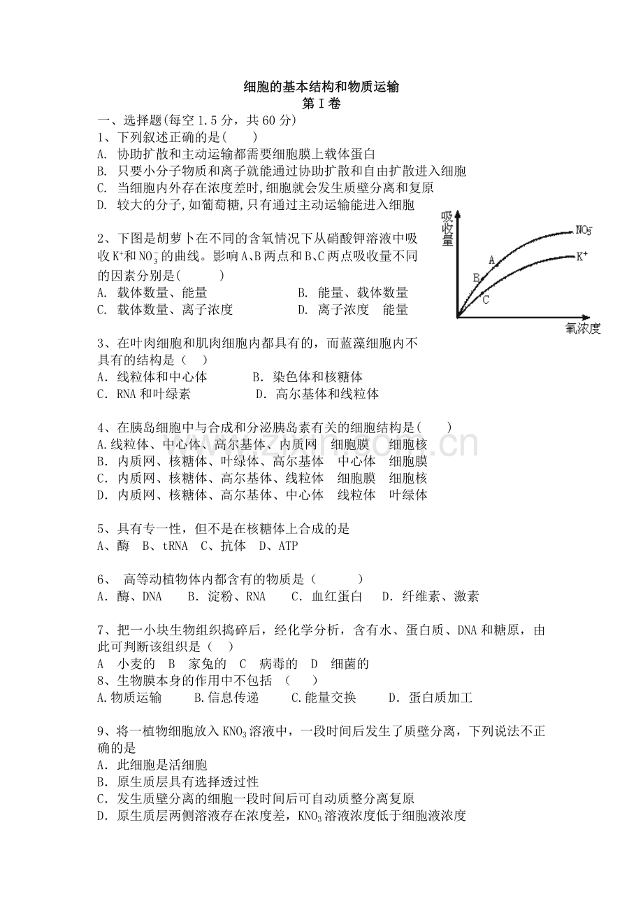 届高三生物一轮复习模拟试题：细胞的基本结构和物质运输.docx_第1页