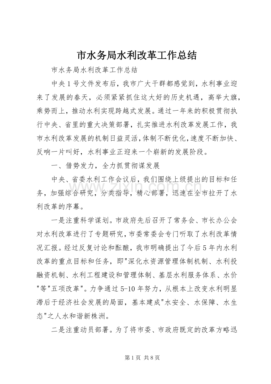 市水务局水利改革工作总结 .docx_第1页