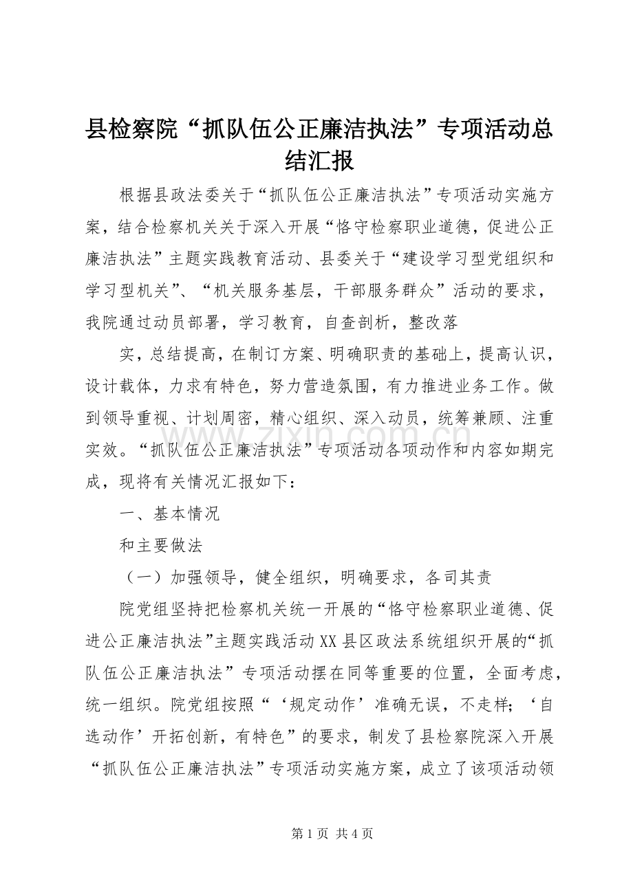 县检察院“抓队伍公正廉洁执法”专项活动总结汇报 .docx_第1页