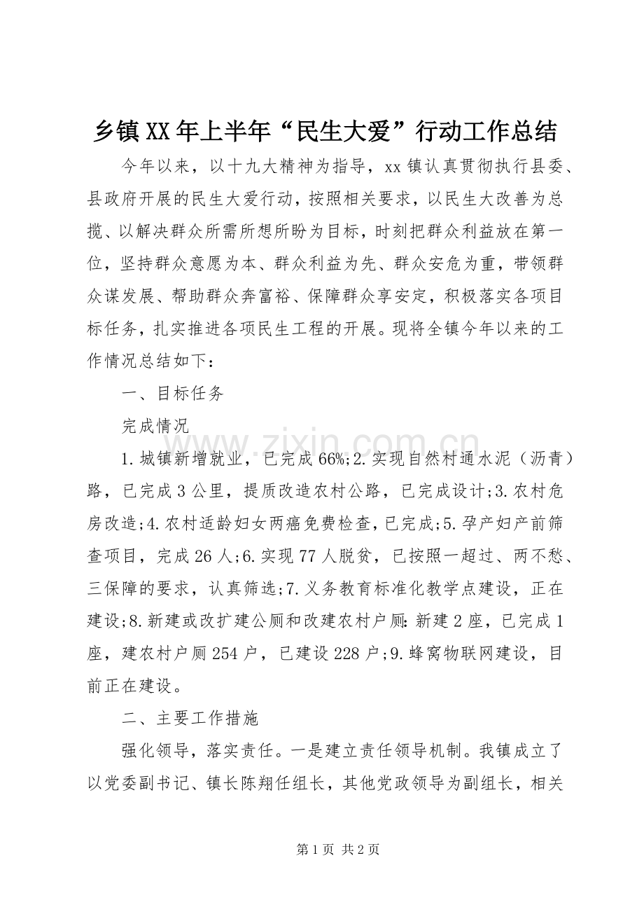 乡镇XX年上半年“民生大爱”行动工作总结 .docx_第1页