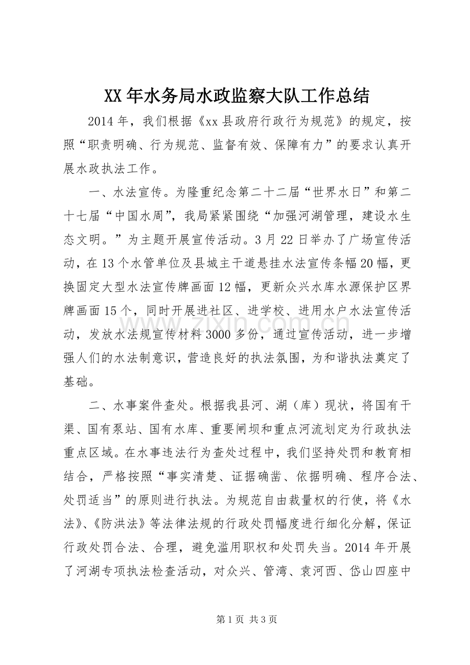 XX年水务局水政监察大队工作总结 .docx_第1页