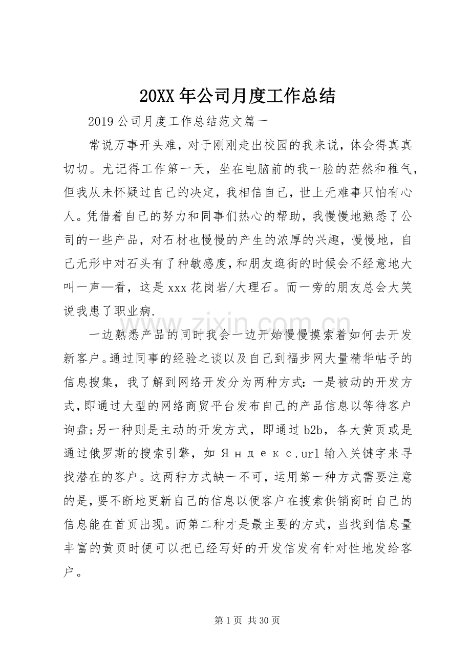 20XX年公司月度工作总结.docx_第1页