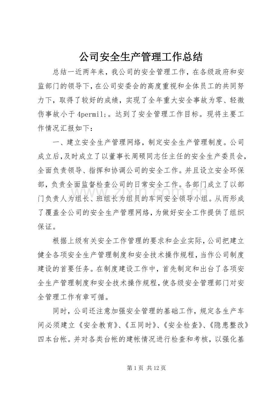 公司安全生产管理工作总结 .docx_第1页