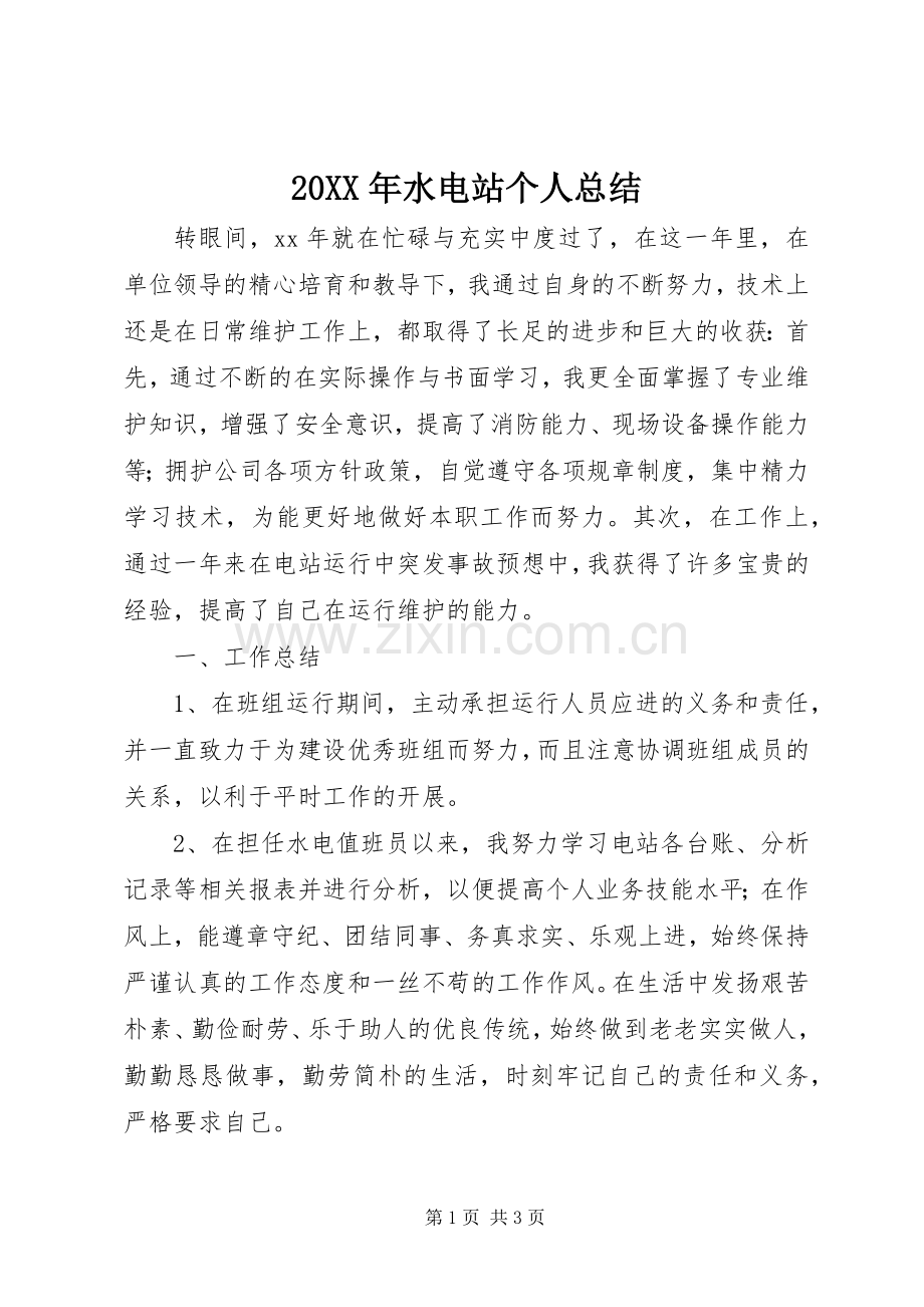20XX年水电站个人总结.docx_第1页