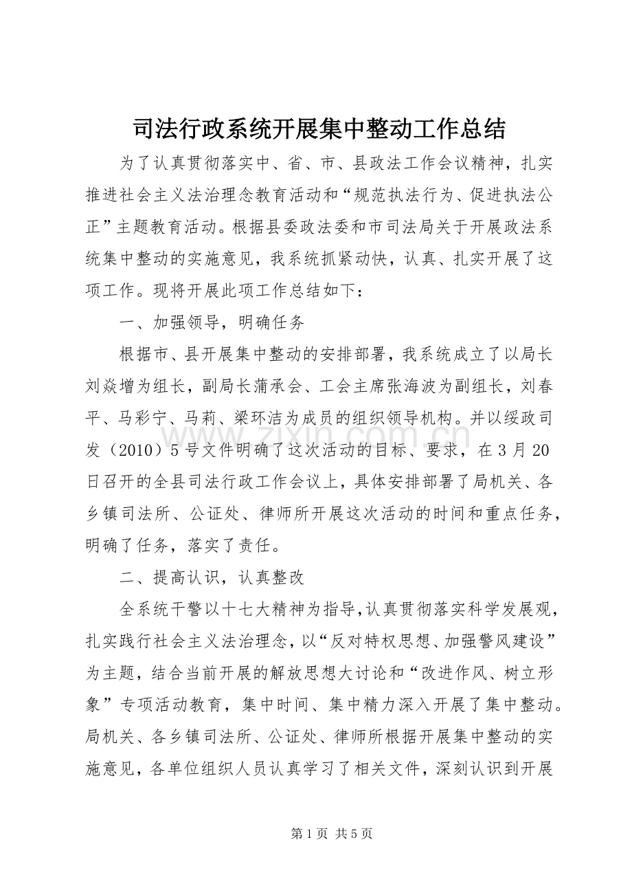 司法行政系统开展集中整动工作总结 .docx_第1页