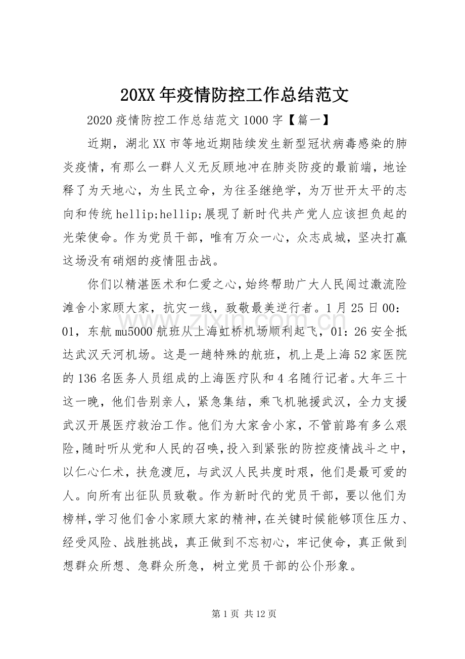 20XX年疫情防控工作总结范文.docx_第1页