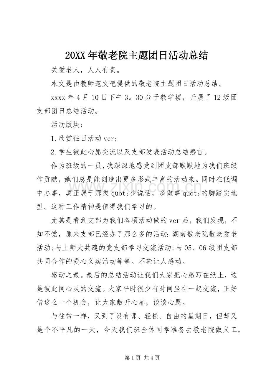 20XX年敬老院主题团日活动总结.docx_第1页