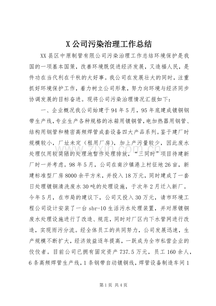 X公司污染治理工作总结 .docx_第1页