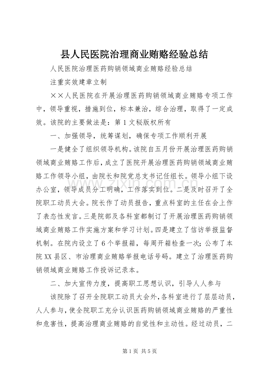 县人民医院治理商业贿赂经验总结 .docx_第1页