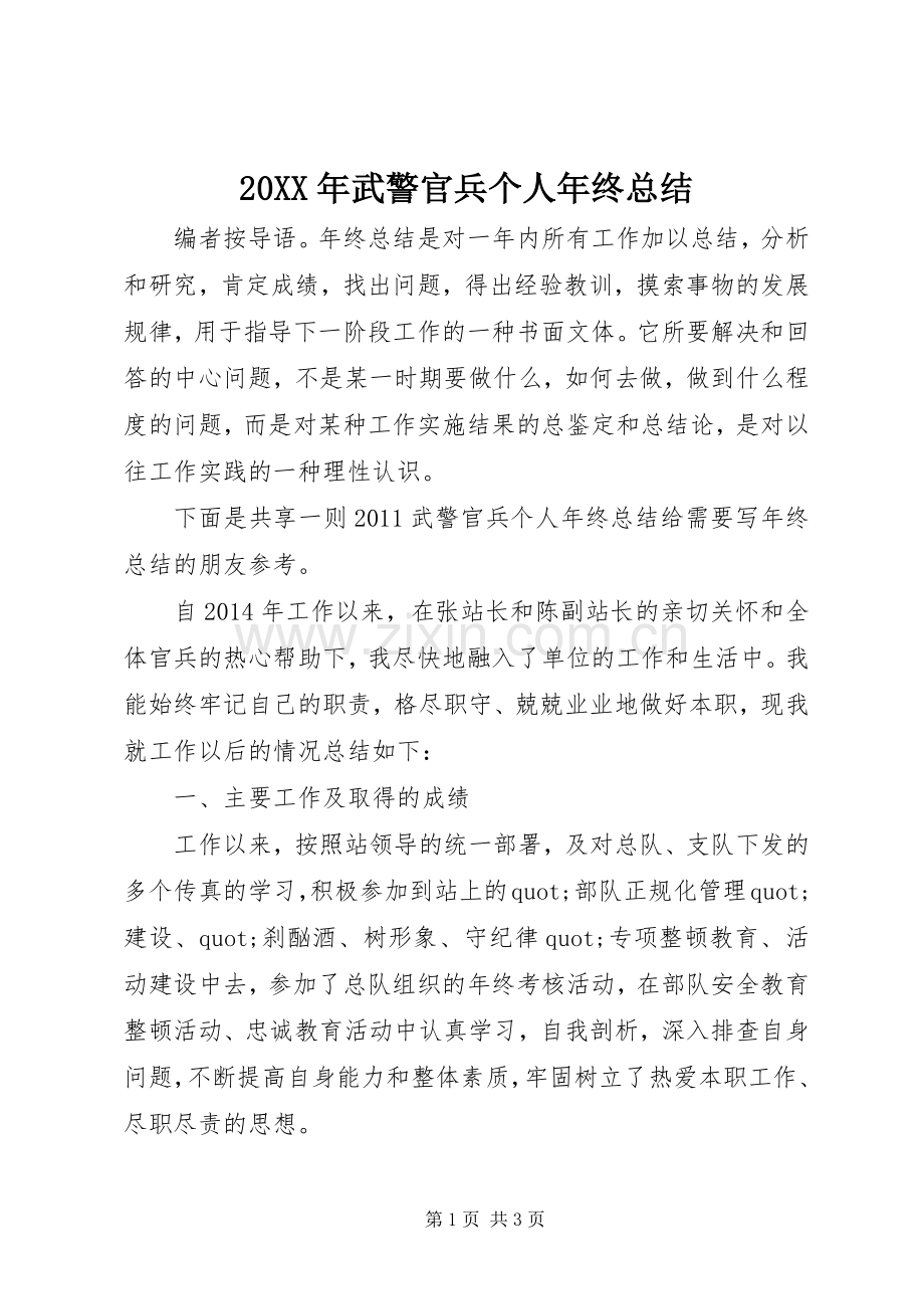 20XX年武警官兵个人年终总结.docx_第1页