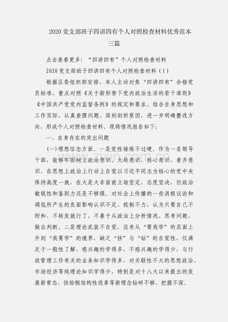 2020党支部班子四讲四有个人对照检查材料优秀范本三篇.docx_第1页