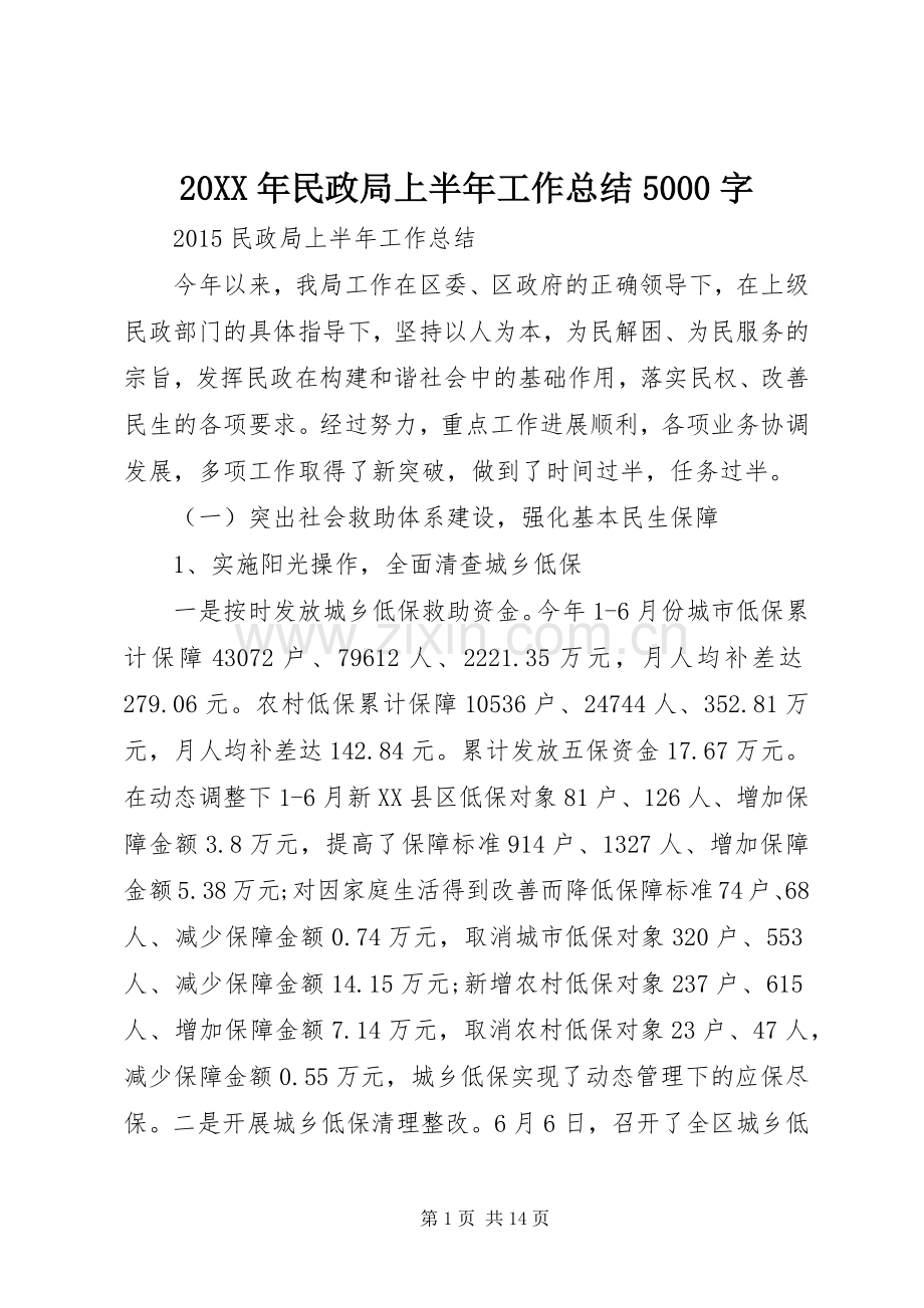 20XX年民政局上半年工作总结5000字.docx_第1页