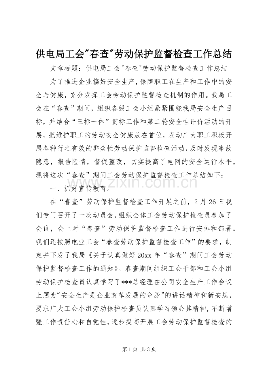 供电局工会-春查-劳动保护监督检查工作总结 .docx_第1页