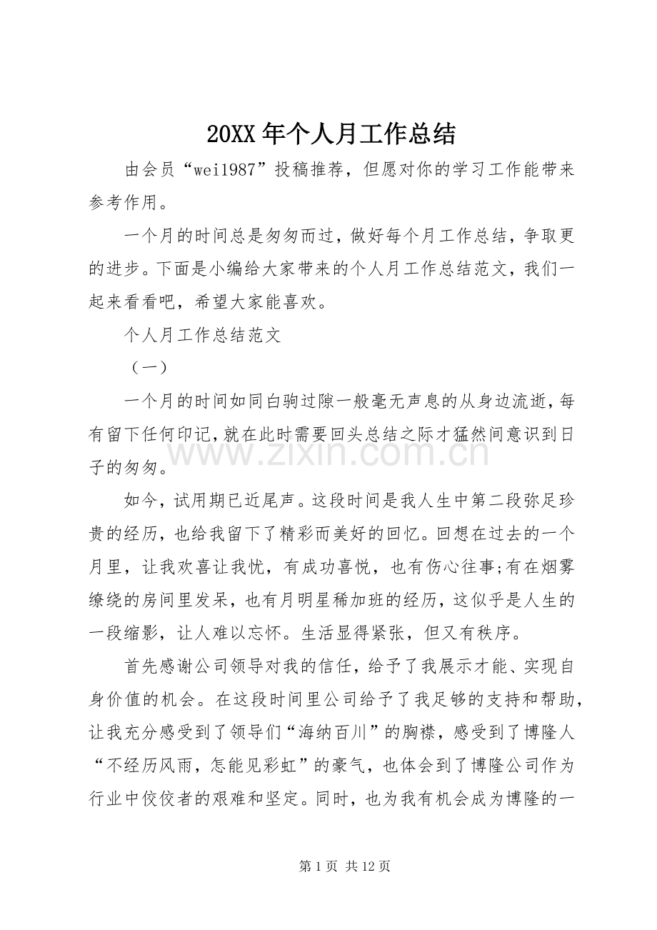 20XX年个人月工作总结.docx_第1页