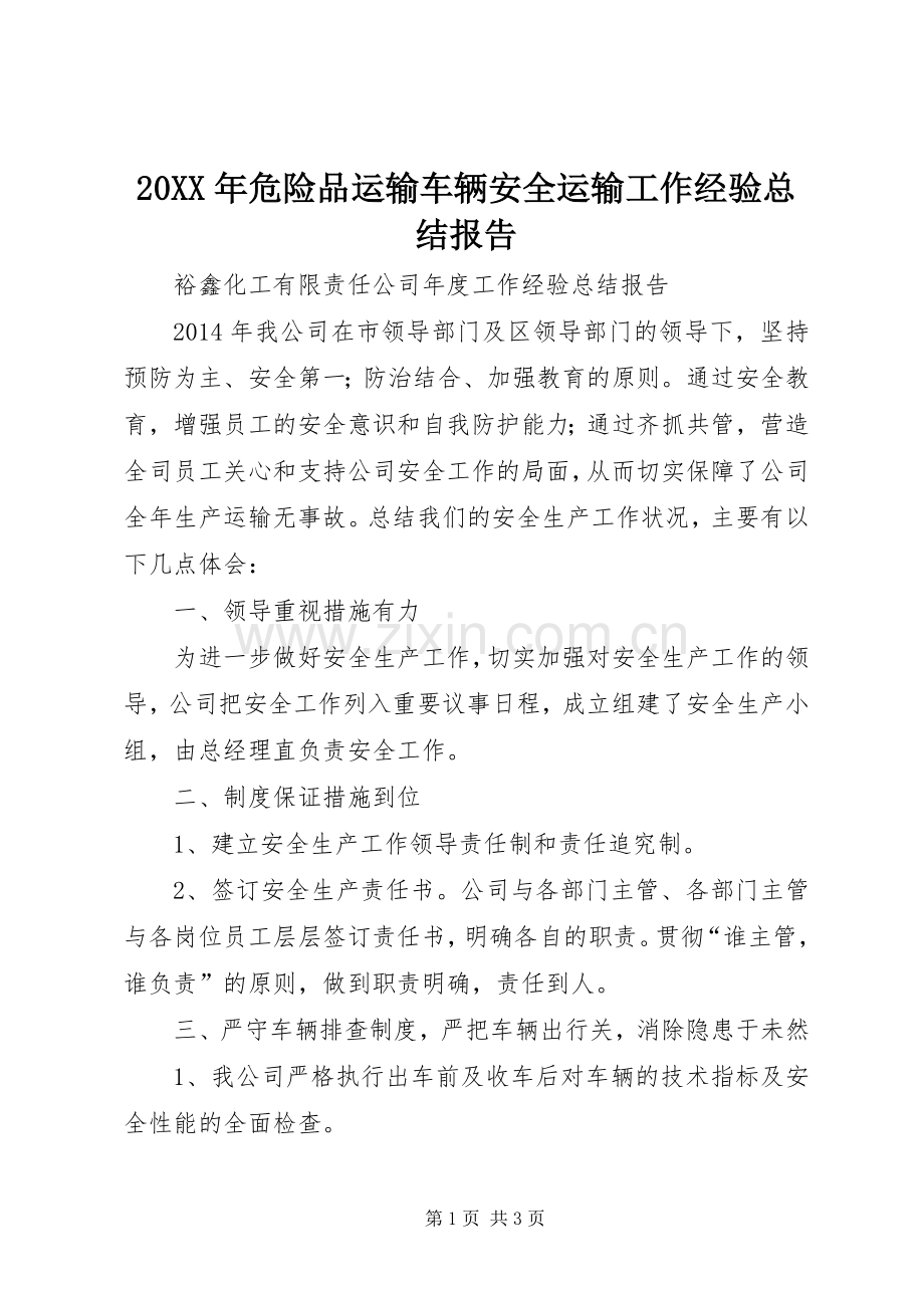 20XX年危险品运输车辆安全运输工作经验总结报告.docx_第1页