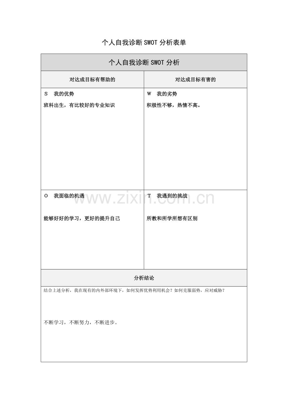 第一步骤所需文档：个人自我诊断SWOT分析表[2].doc_第1页