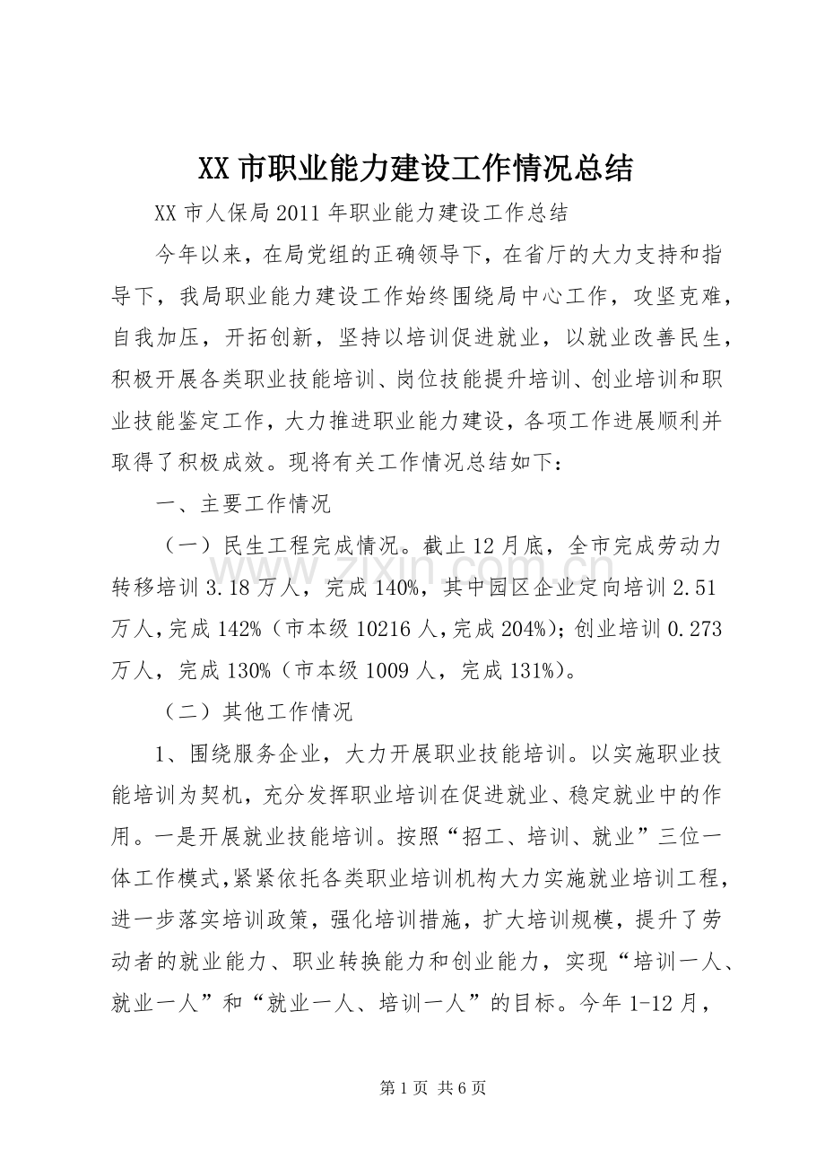 XX市职业能力建设工作情况总结 .docx_第1页