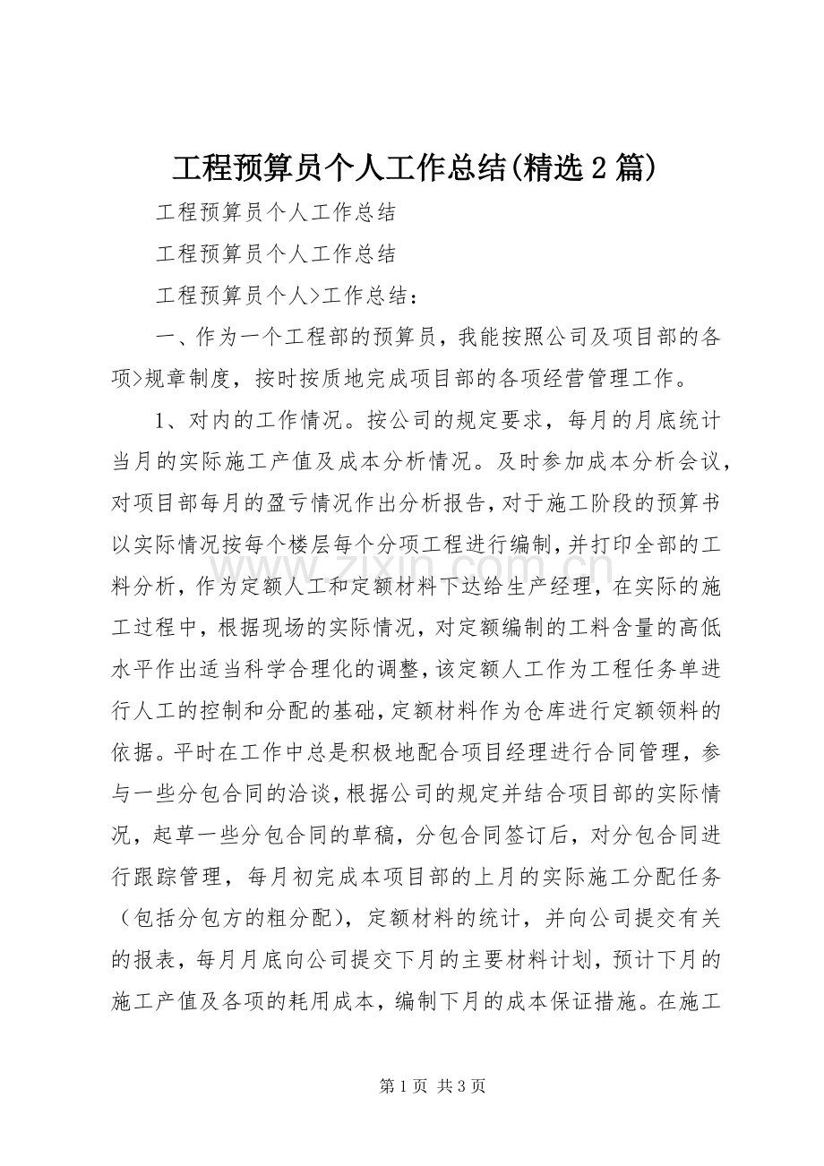 工程预算员个人工作总结(2篇) .docx_第1页