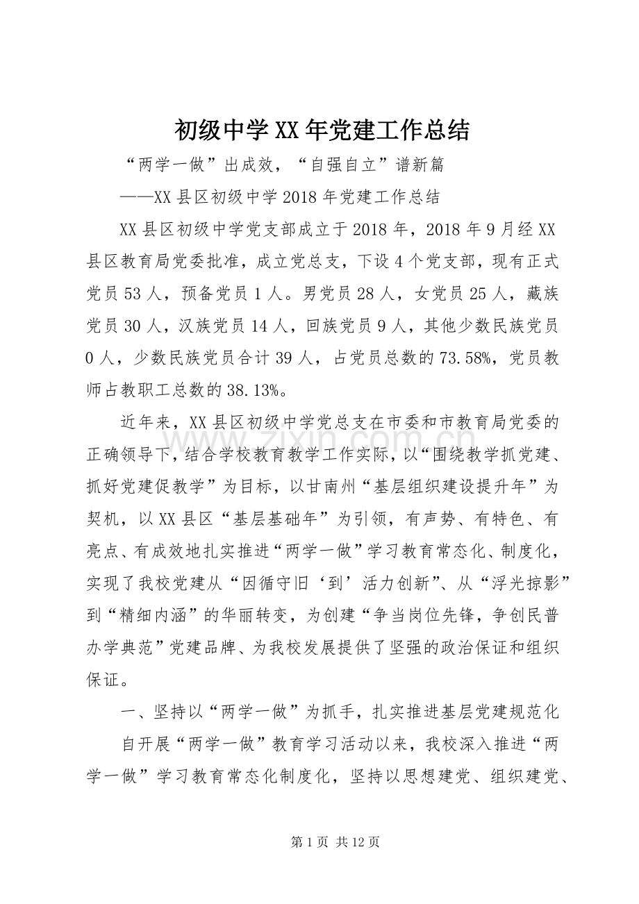 初级中学XX年党建工作总结 .docx_第1页