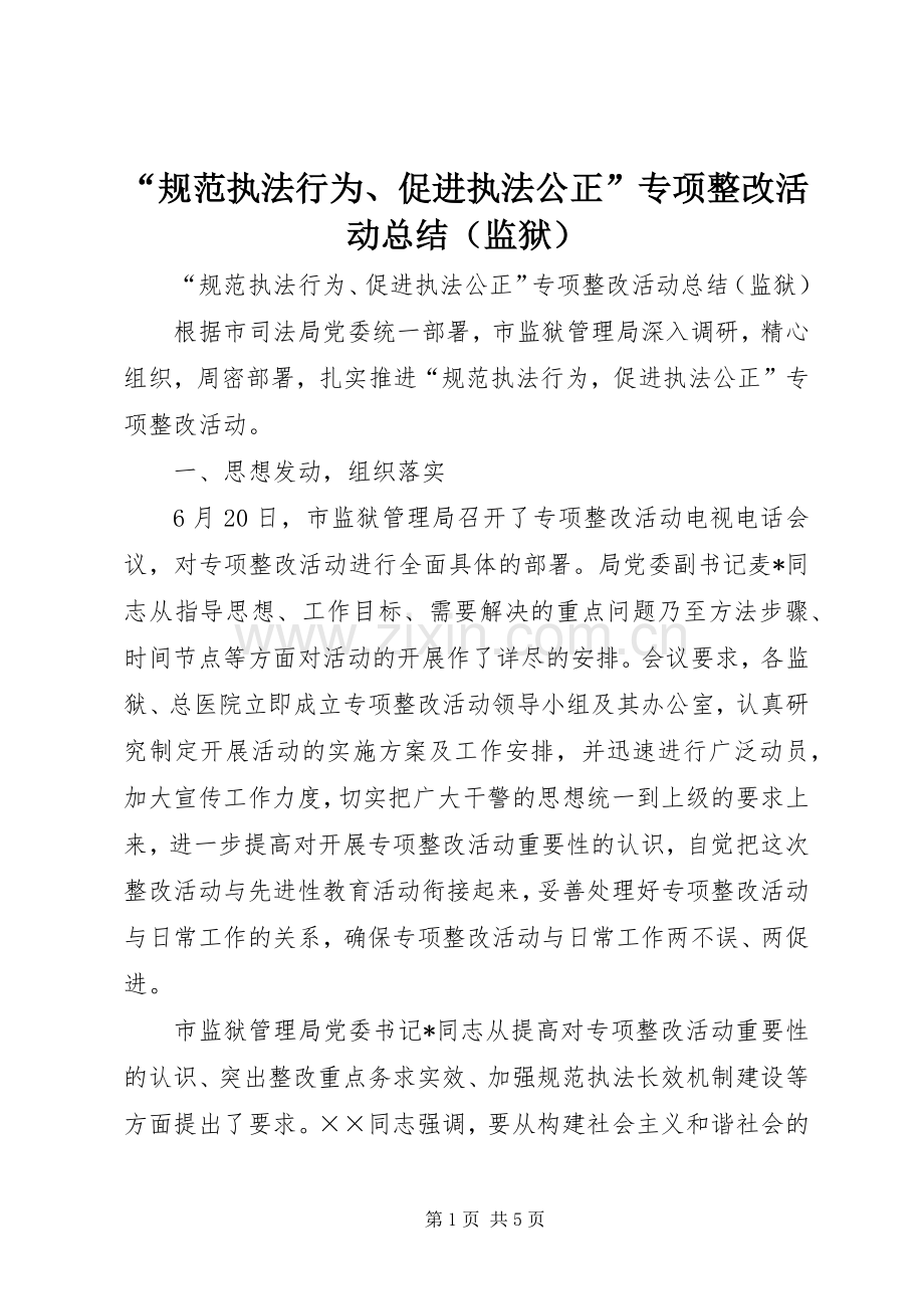 “规范执法行为、促进执法公正”专项整改活动总结（监狱） .docx_第1页
