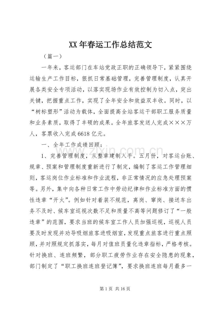 XX年春运工作总结范文 .docx_第1页