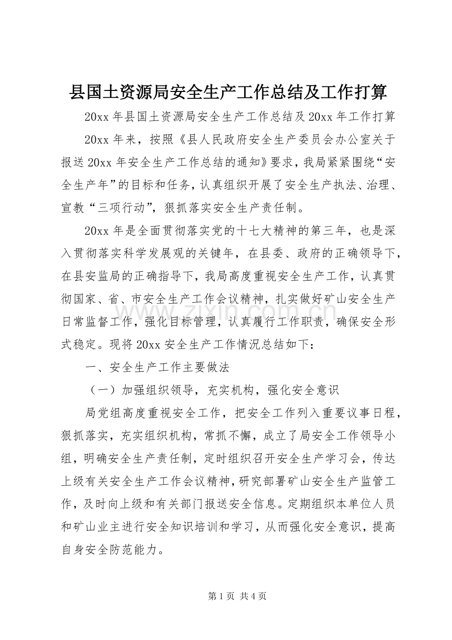 县国土资源局安全生产工作总结及工作打算 .docx_第1页
