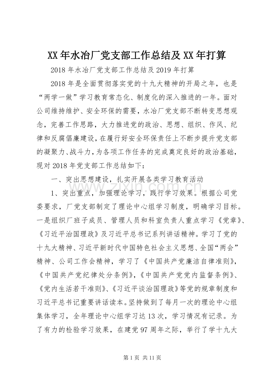 XX年水冶厂党支部工作总结及XX年打算 .docx_第1页