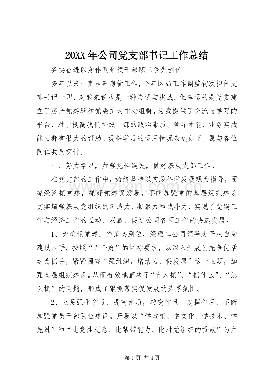20XX年公司党支部书记工作总结.docx_第1页